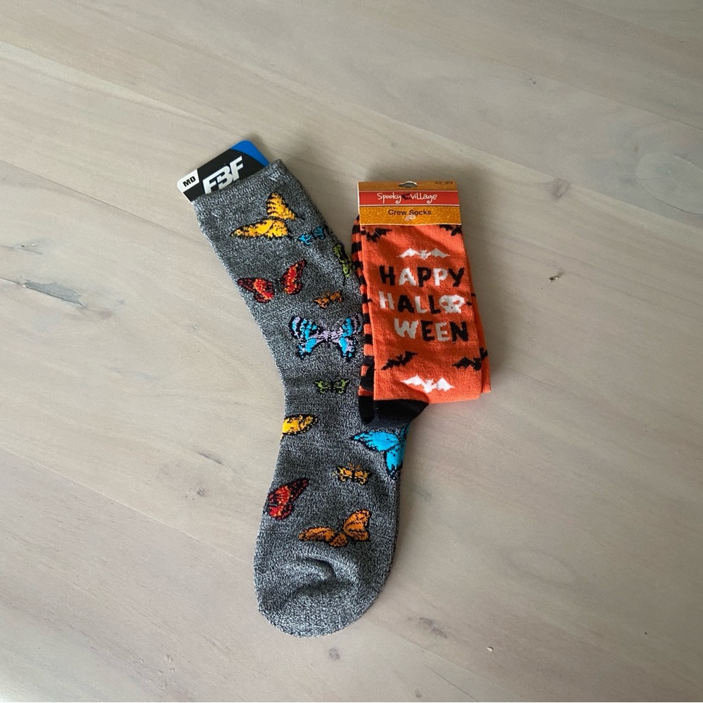 FBF butterfly print crew socks and Spooky Village Happy Halloween Socks